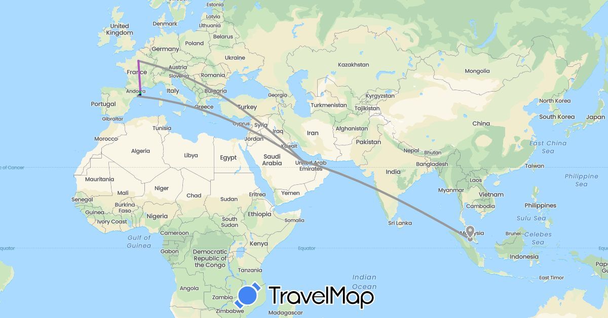 TravelMap itinerary: driving, bus, plane, train in Spain, France, Malaysia, Qatar (Asia, Europe)